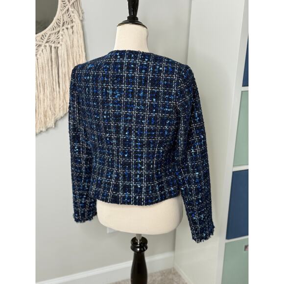 Calvin Klein Women's Careerwear Frayed Blue Tweed Open Jacket Blazer 10P - Picture 3 of 8